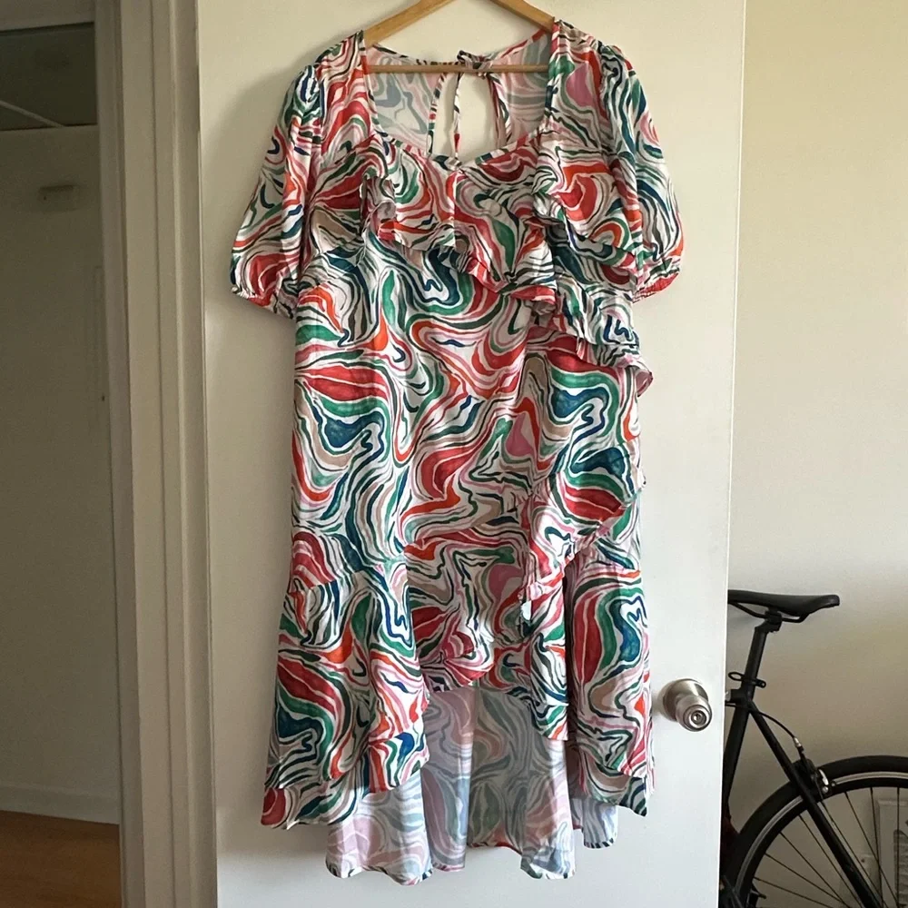 NWT June + Vie Printed Watercolor Marble Multicolor Hi-Low Ruffle Midi Dress - Picture 5 of 11
